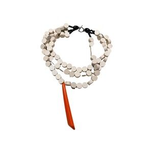 Vintage abstract Multi‎ Strand Wood Bead Necklace Large Orange Resin Pendant